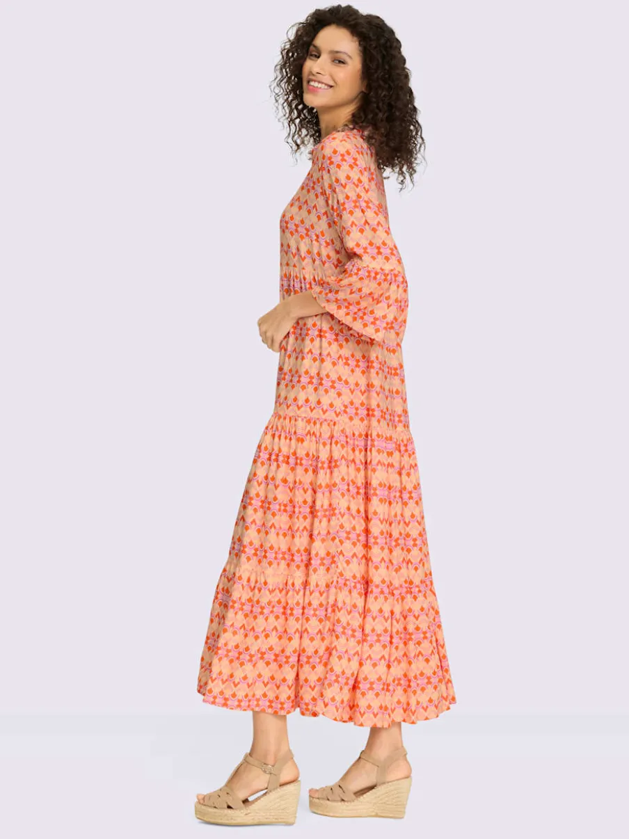 Robe à niveaux imprimée en viscose avec manches volantes