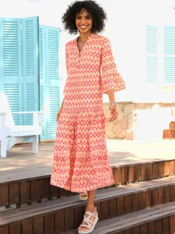 Robe à niveaux imprimée en viscose avec manches volantes
