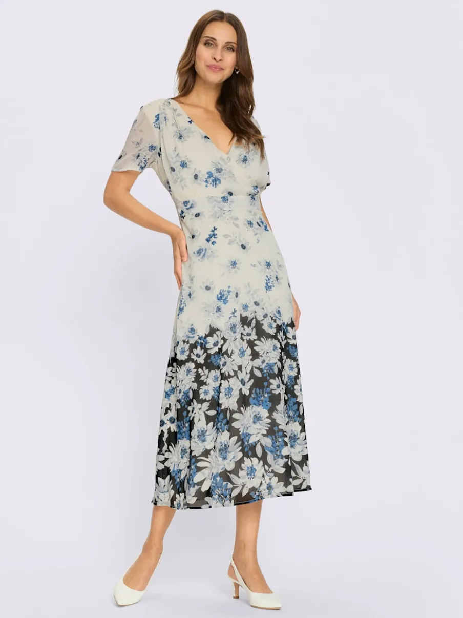 Robe satin imprimée col V avec bordures plissées