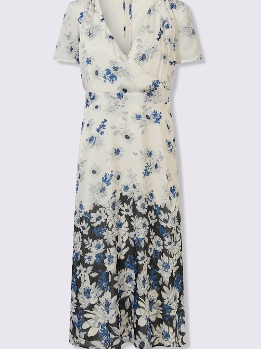 Robe satin imprimée col V avec bordures plissées