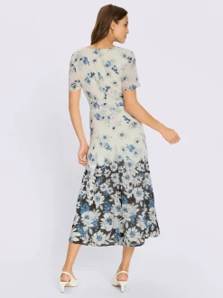 Robe satin imprimée col V avec bordures plissées