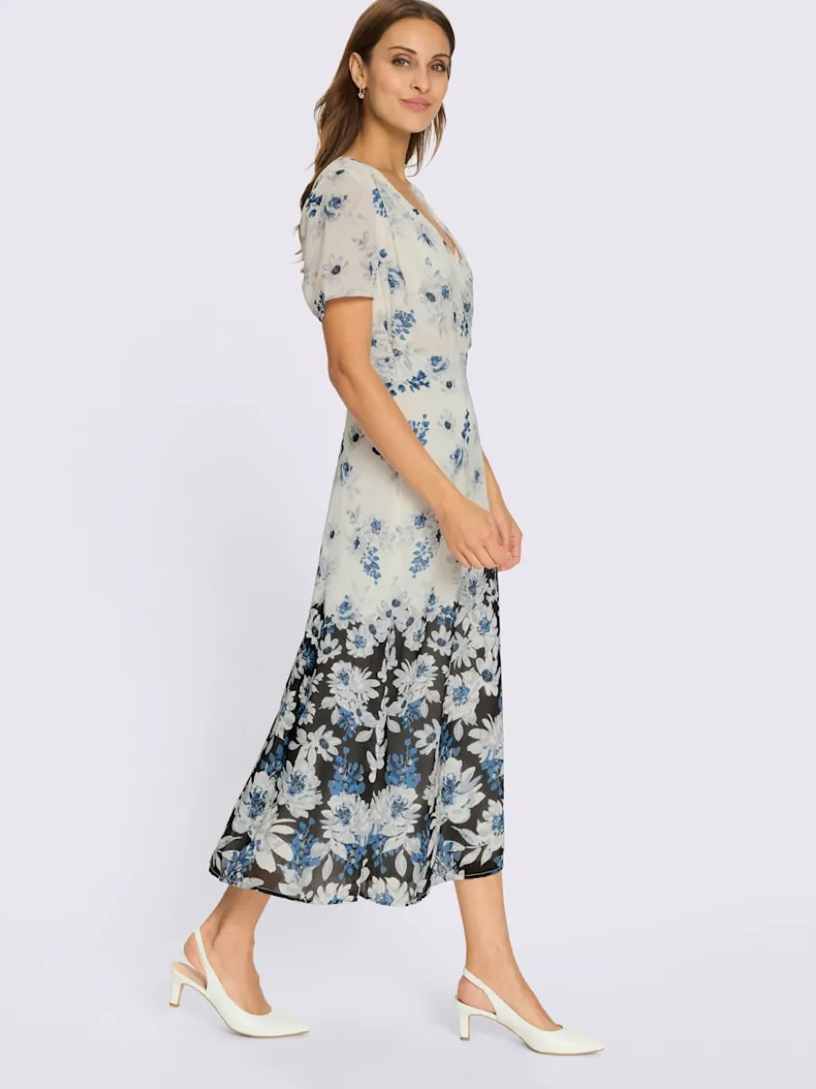 Robe satin imprimée col V avec bordures plissées
