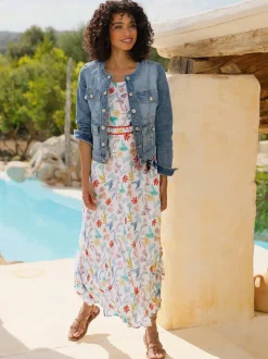 Robe tissée à encolure ronde et manches courtes avec motif feuilles artistiques