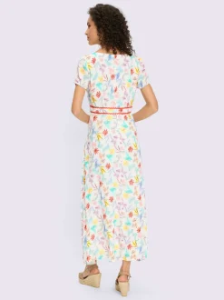 Robe tissée à encolure ronde et manches courtes avec motif feuilles artistiques