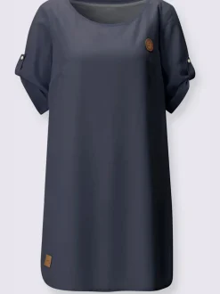 Robe tissée à encolure ronde et manches courtes retroussables