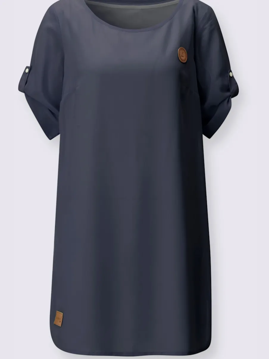 Robe tissée à encolure ronde et manches courtes retroussables