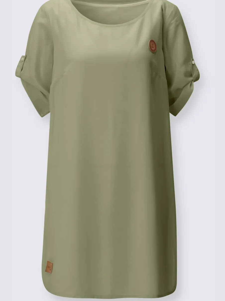 Robe tissée à encolure ronde et manches courtes retroussables
