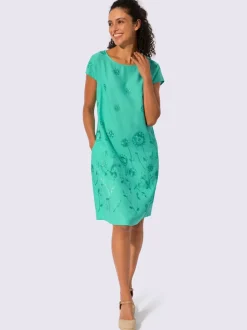 Robe tissée à encolure U avec broderie florale et poches latérales