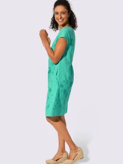 Robe tissée à encolure U avec broderie florale et poches latérales