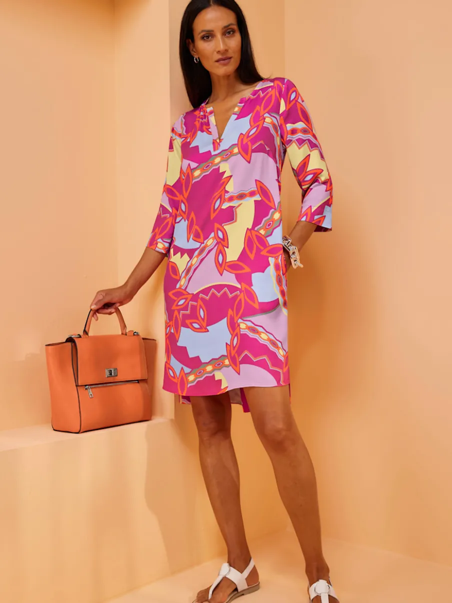 Robe tissée à manches trois quarts motif coloré chic
