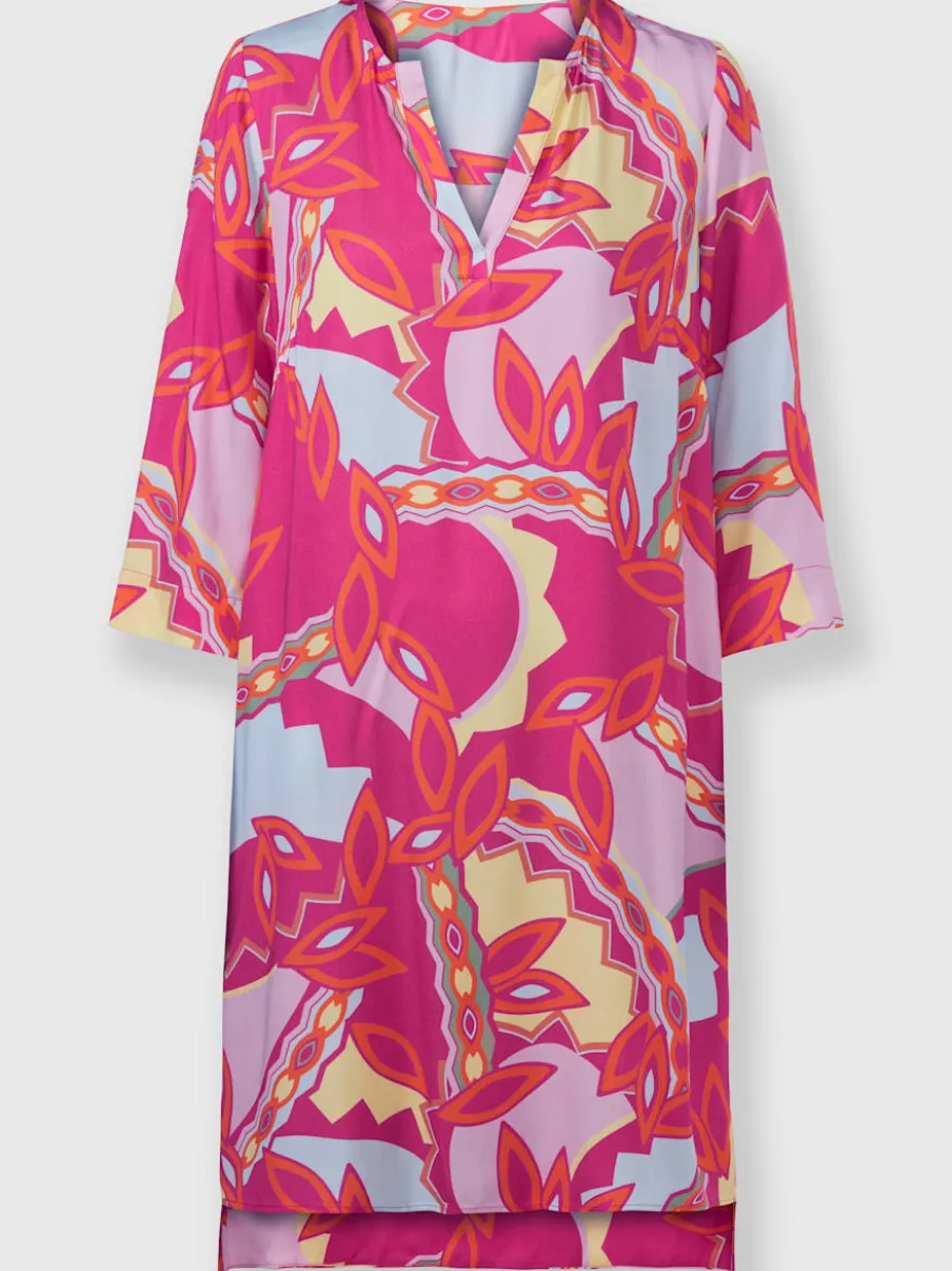Robe tissée à manches trois quarts motif coloré chic