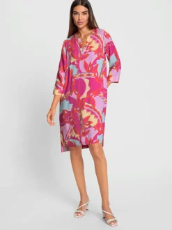 Robe tissée à manches trois quarts motif coloré chic