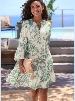 Robe tunique chemisier long à encolure en V avec manches 3/4 et motif floral