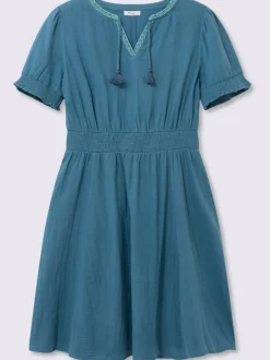 Robe tunique encolure ronde avec v ouvert et lien à nouer