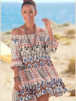 Robe tunique style Carmen avec col élastique et manches 3/4 imprimée
