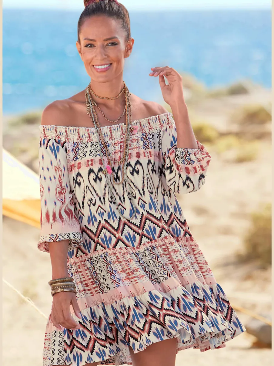Robe tunique style Carmen avec col élastique et manches 3/4 imprimée