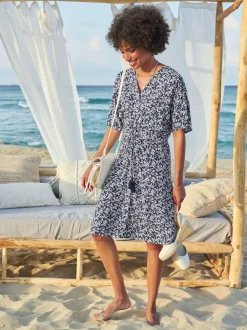 Robe évasée col V avec imprimé floral et lien