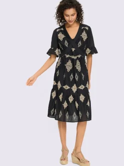 Robe évasée en coton avec col V et manches courtes à volants