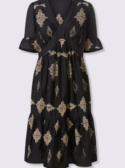 Robe évasée en coton avec col V et manches courtes à volants