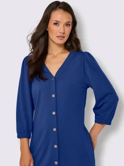 Robe évasée en mélange soie-viscose avec col V et manches ballon