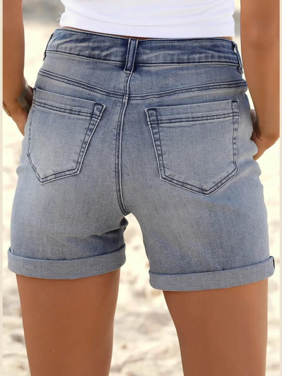Short en jean taille haute avec patte de boutonnage et revers fixe
