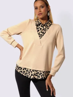 Sweatshirt à col V avec empiècement léopard et manches longues