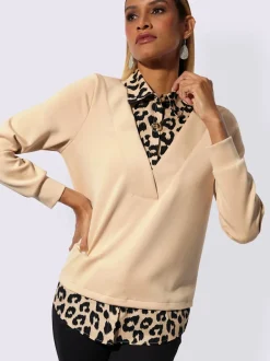 Sweatshirt à col V avec empiècement léopard et manches longues