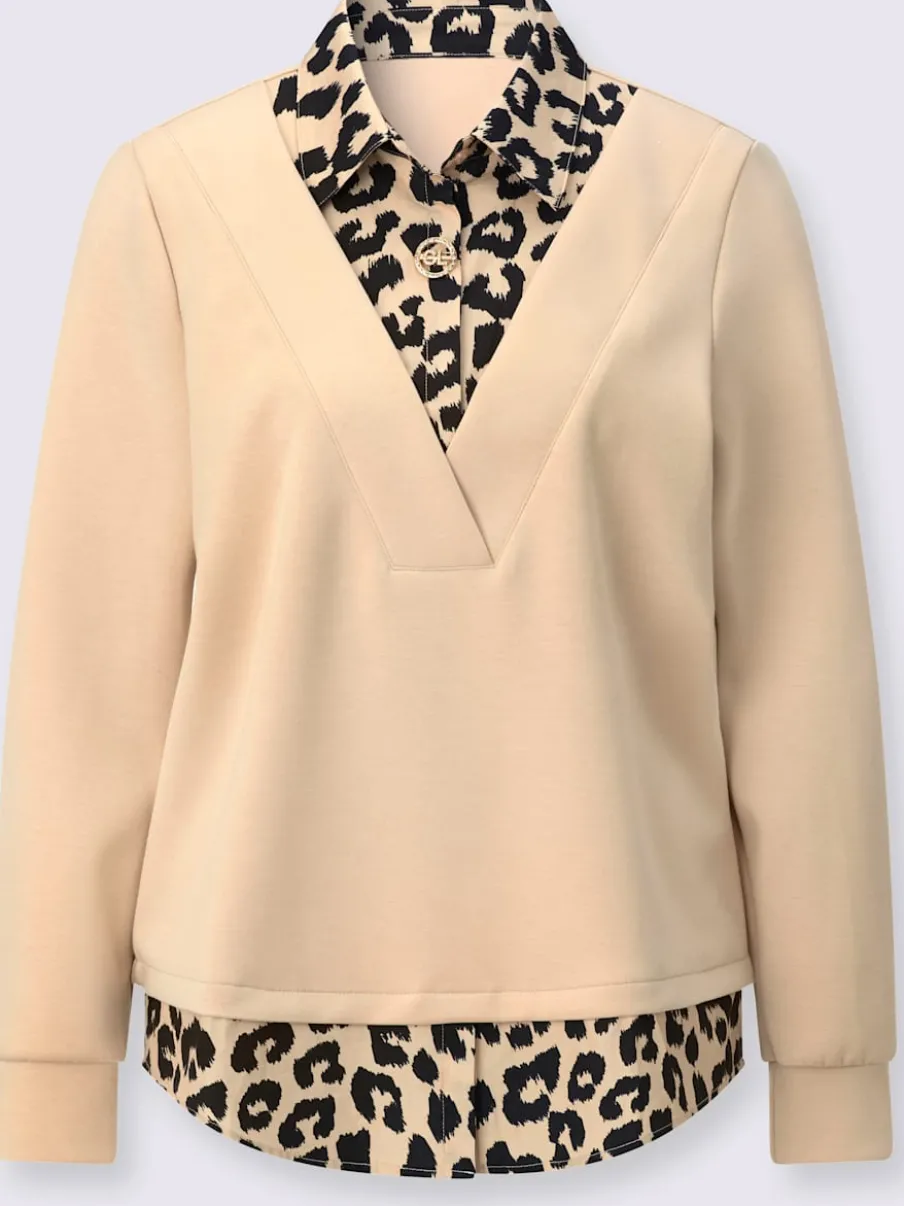 Sweatshirt à col V avec empiècement léopard et manches longues
