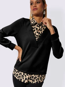 Sweatshirt à col V avec empiècement léopard et manches longues