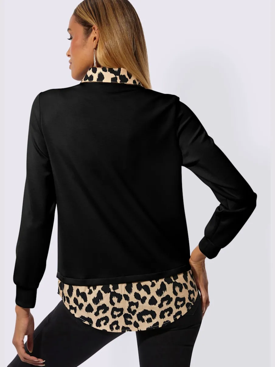Sweatshirt à col V avec empiècement léopard et manches longues