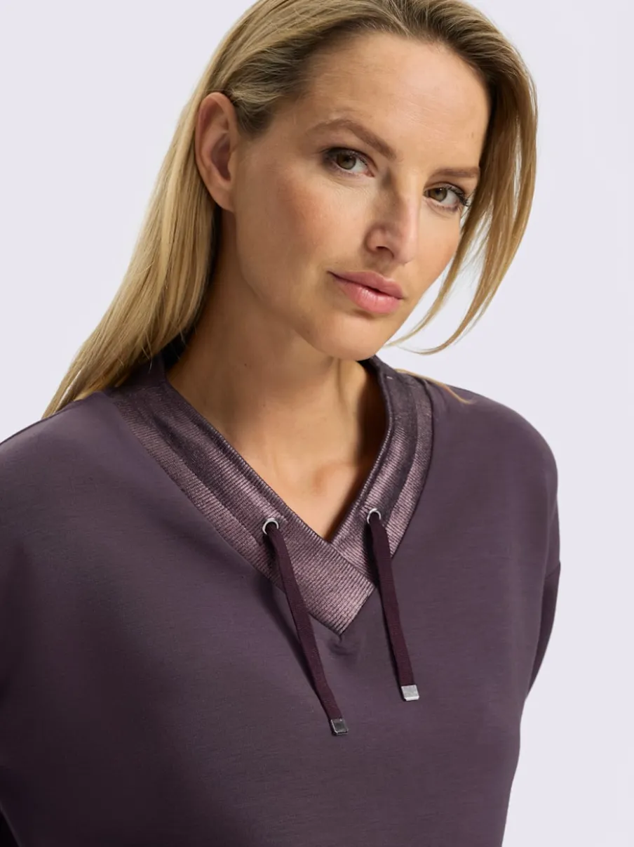 Sweatshirt à col V avec mancherons et coulisse à nouer