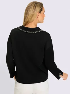 Sweatshirt à col V ouvert avec rivets décoratifs et manches longues