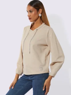 Sweatshirt doux brillant col V encolure ajustable manches ballon