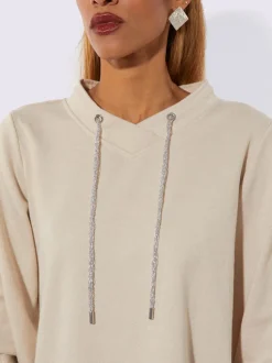 Sweatshirt doux brillant col V encolure ajustable manches ballon