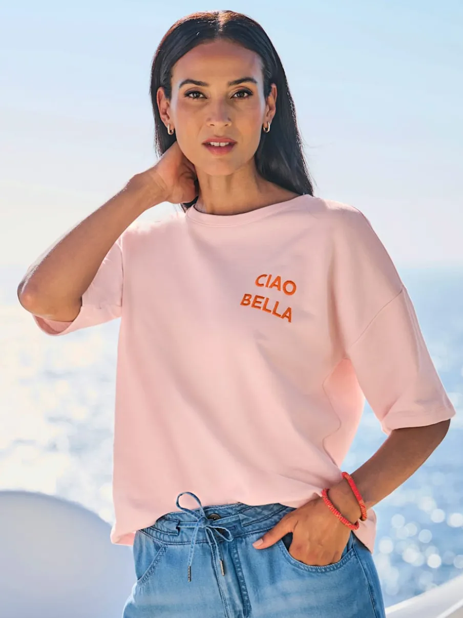 Sweatshirt à encolure ronde avec broderie Ciao Bella et manches courtes
