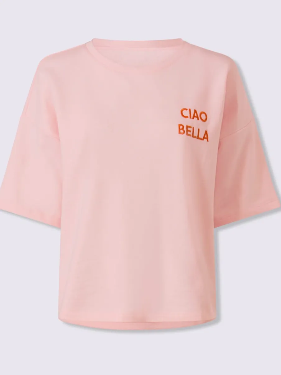 Sweatshirt à encolure ronde avec broderie Ciao Bella et manches courtes