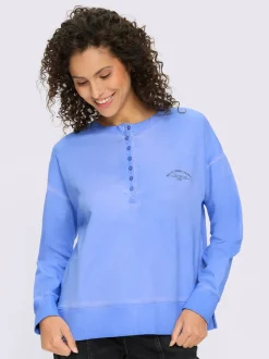 Sweatshirt en pur coton à encolure ronde avec patte de boutonnage et manches longues