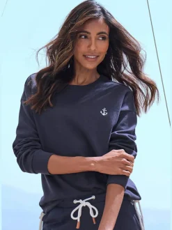Sweatshirt à manches longues avec broderie ancre et cordon à l'ourlet