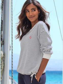 Sweatshirt rayé à encolure ronde et manches longues avec broderie