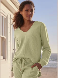 Sweatshirts avec encolure en V manches longues en coton