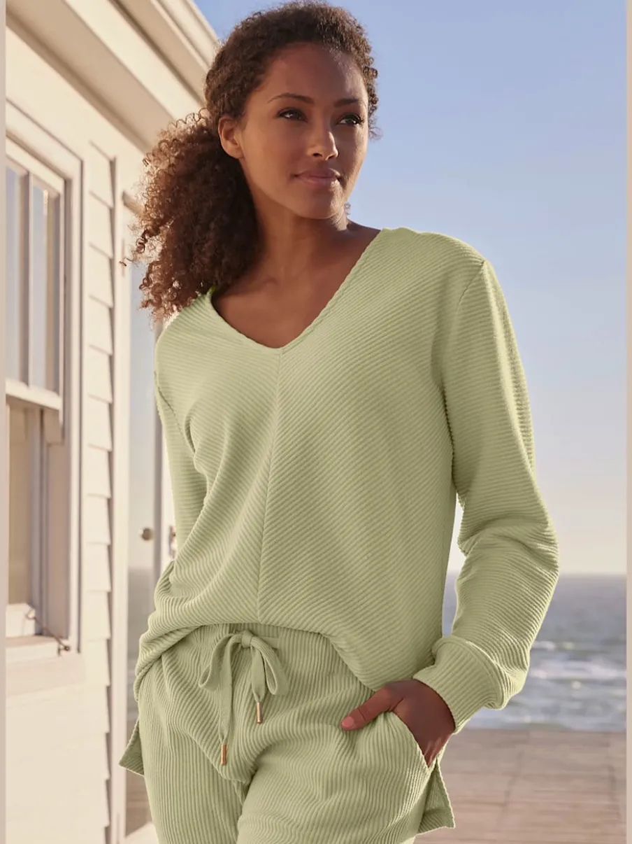 Sweatshirts avec encolure en V manches longues en coton