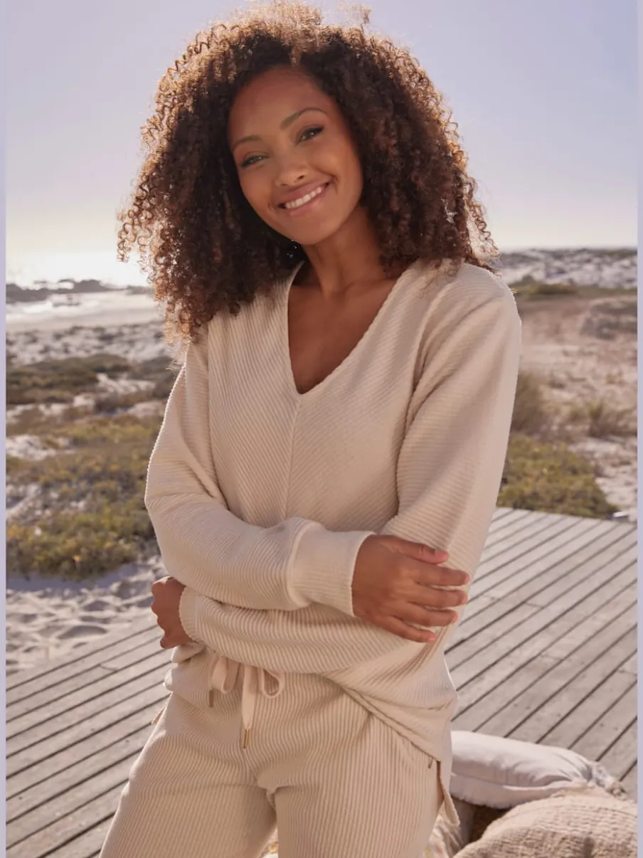 Sweatshirts avec encolure en V manches longues en coton