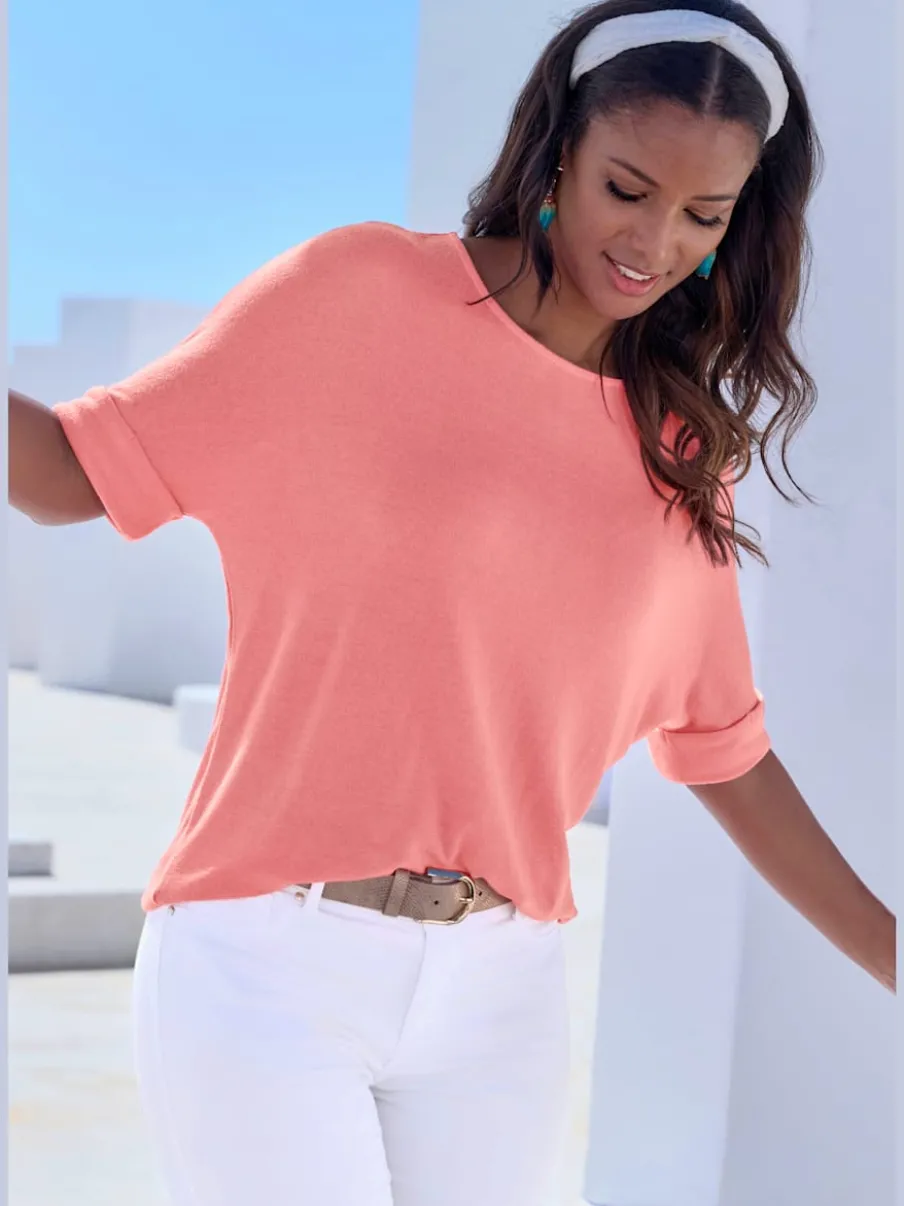 T-shirt ample à col rond avec manches mi-longues et revers fixes