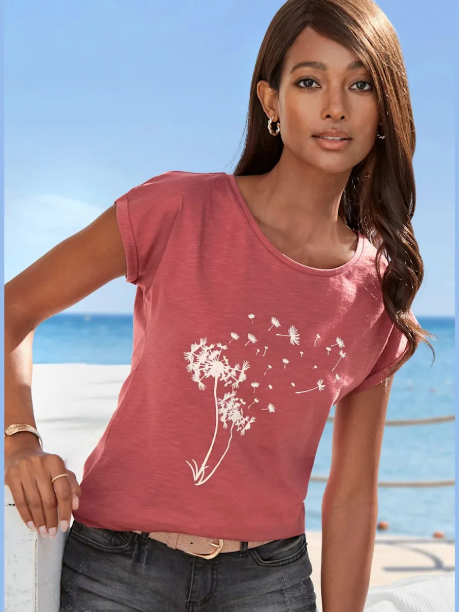 T-shirt ample encolure ronde avec impression pissenlit et manches courtes