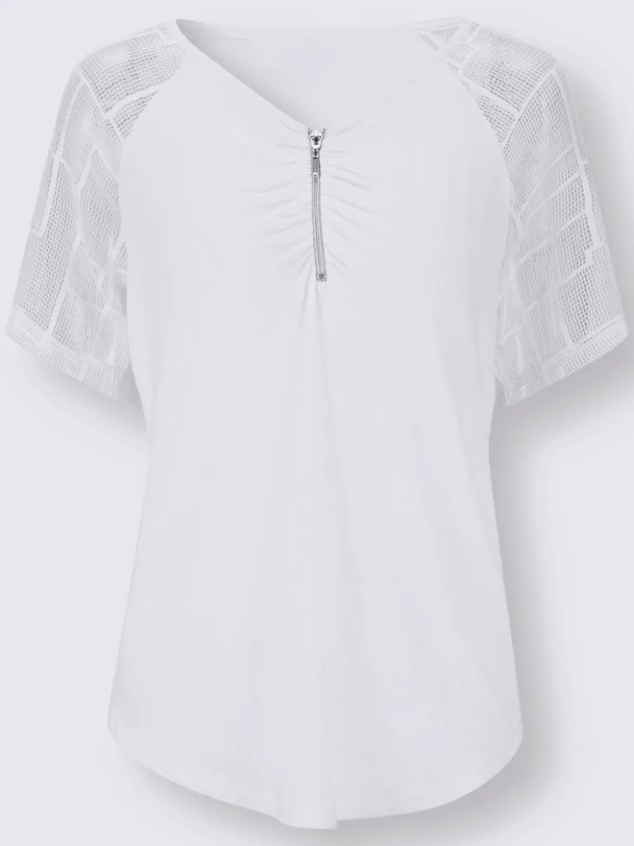 T-shirt avec col en V et empiècements en dentelle