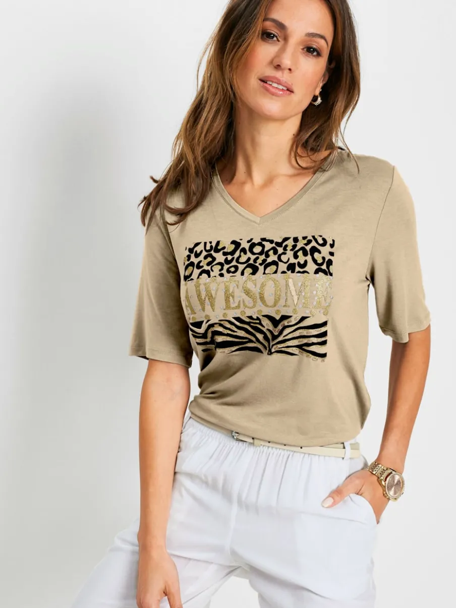 T-shirt avec col V et manches 3/4 à imprimé animal et lettrage brillant