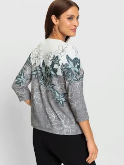 T-shirt avec imprimé floral encolure V et manches trois quarts