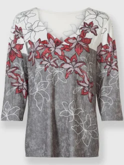 T-shirt avec imprimé floral encolure V et manches trois quarts
