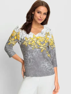 T-shirt avec imprimé floral encolure V et manches trois quarts