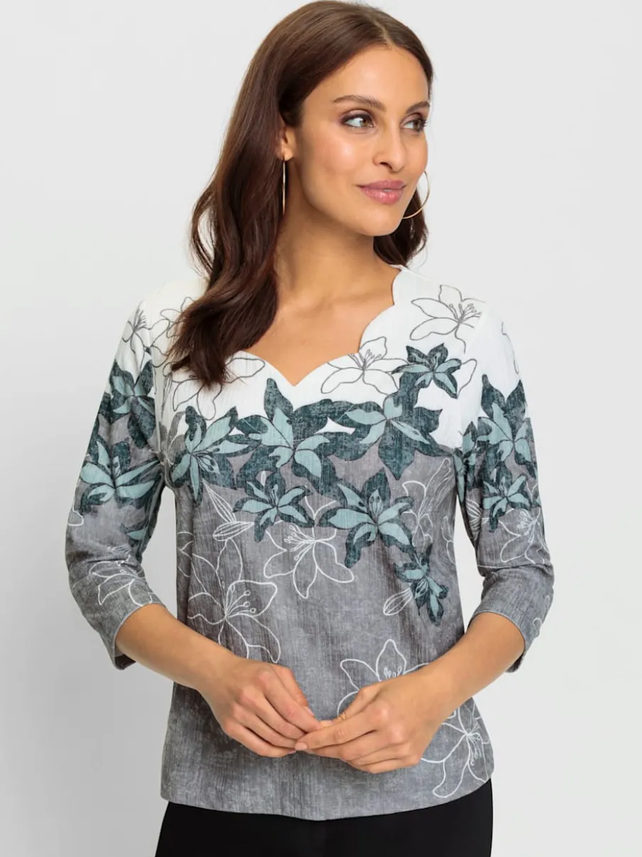 T-shirt avec imprimé floral encolure V et manches trois quarts